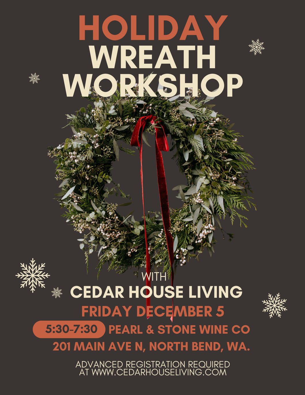 Holiday Wreath Workshop at Pearl + Stone Wine Co.